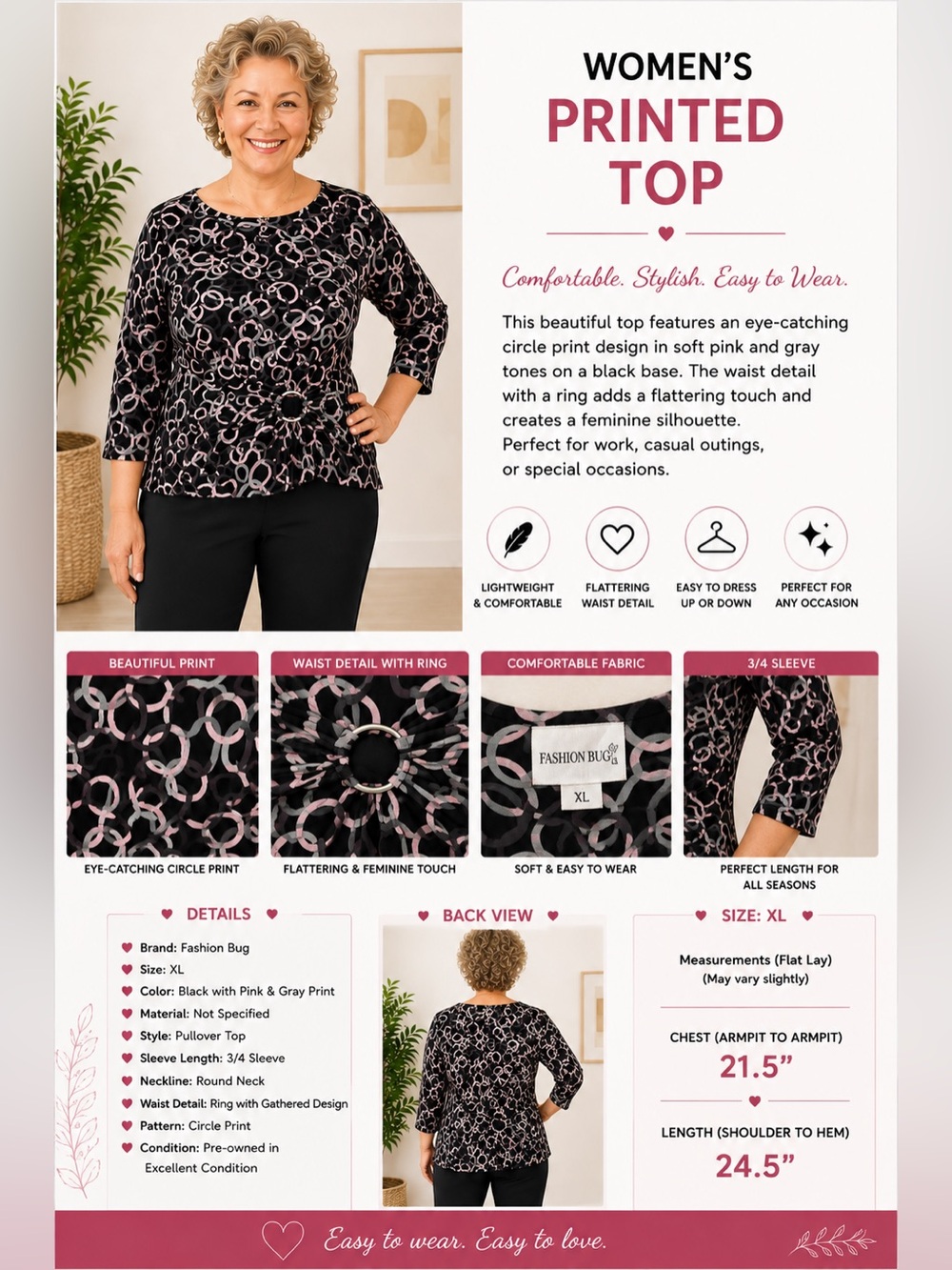 Fashion Bug Women’s XL Black Pink Gray Circle Print 3/4 Sleeve Ring Detail Top